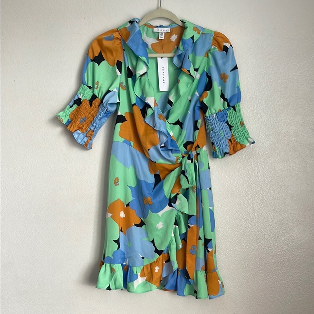 Topshop Green and Orange Midi Sundress with Puff Sleeves